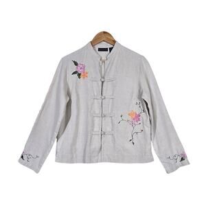 Vintage Y2K Linen Mandarin Jacket S Beige Embroidered Floral Cottagecore